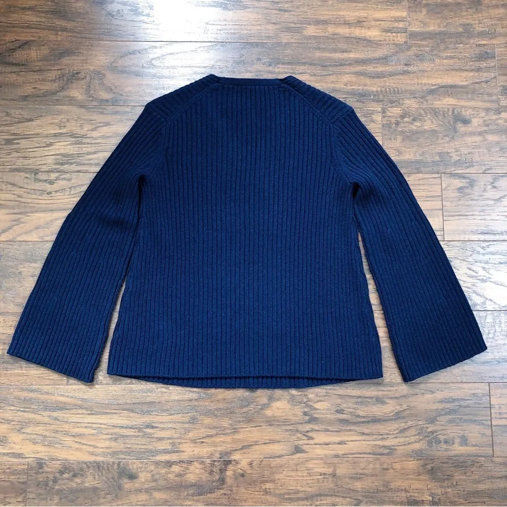 MM Lafleur • The Min Cashmere Merino Wool Rib V Neck Sweater navy bell sleeve - Image 11