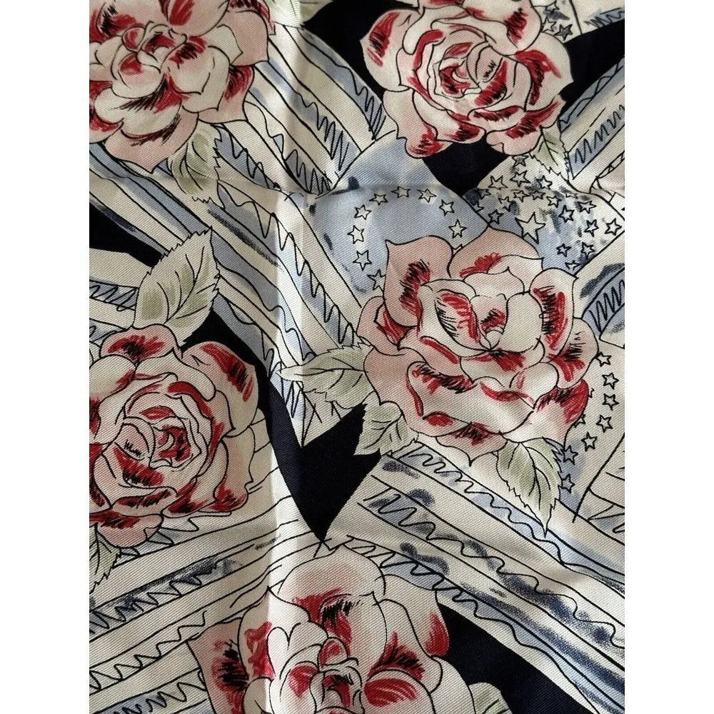 Casual Corner Vintage Scarf 100% Silk Floral Square with Pink Roses 21”X 21” Black - Image 3