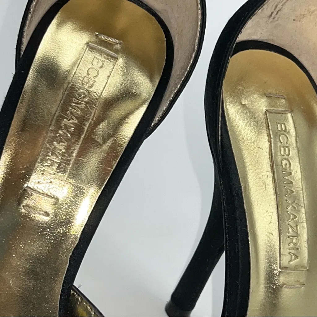 BCBGMaxAzria Black Satin and Gold Heels w/Studded Ankle and Toe Straps-Size 7 - Image 10