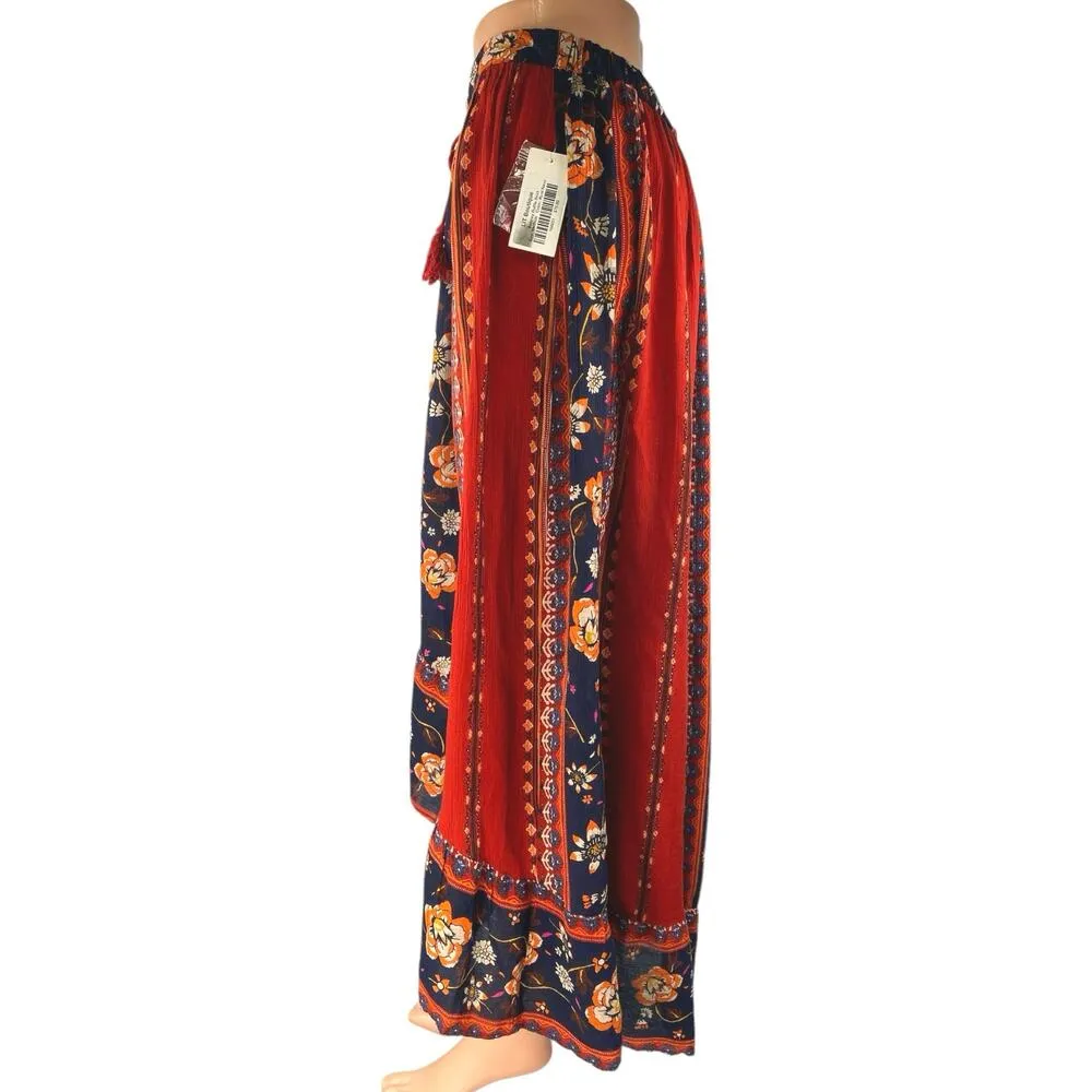 NEW Band Of Gypsies Red Floral Bohemian Hi-Low Ruffle Midi Maxi Skirt Size M - Image 2