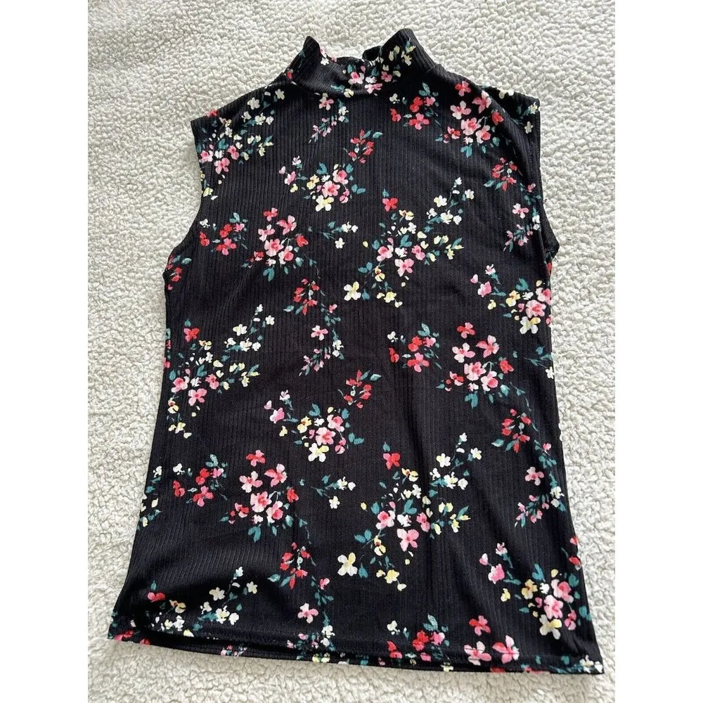 Love...Ady   Black Multicolor Floral Sleeveless Mock Neck Rib Knit Top Size S - Image 3