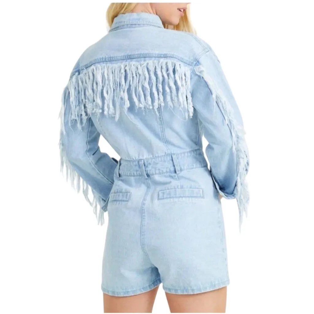 Peach Love California Romper Womens S Blue Light Wash Denim Fringe Belted - Image 2