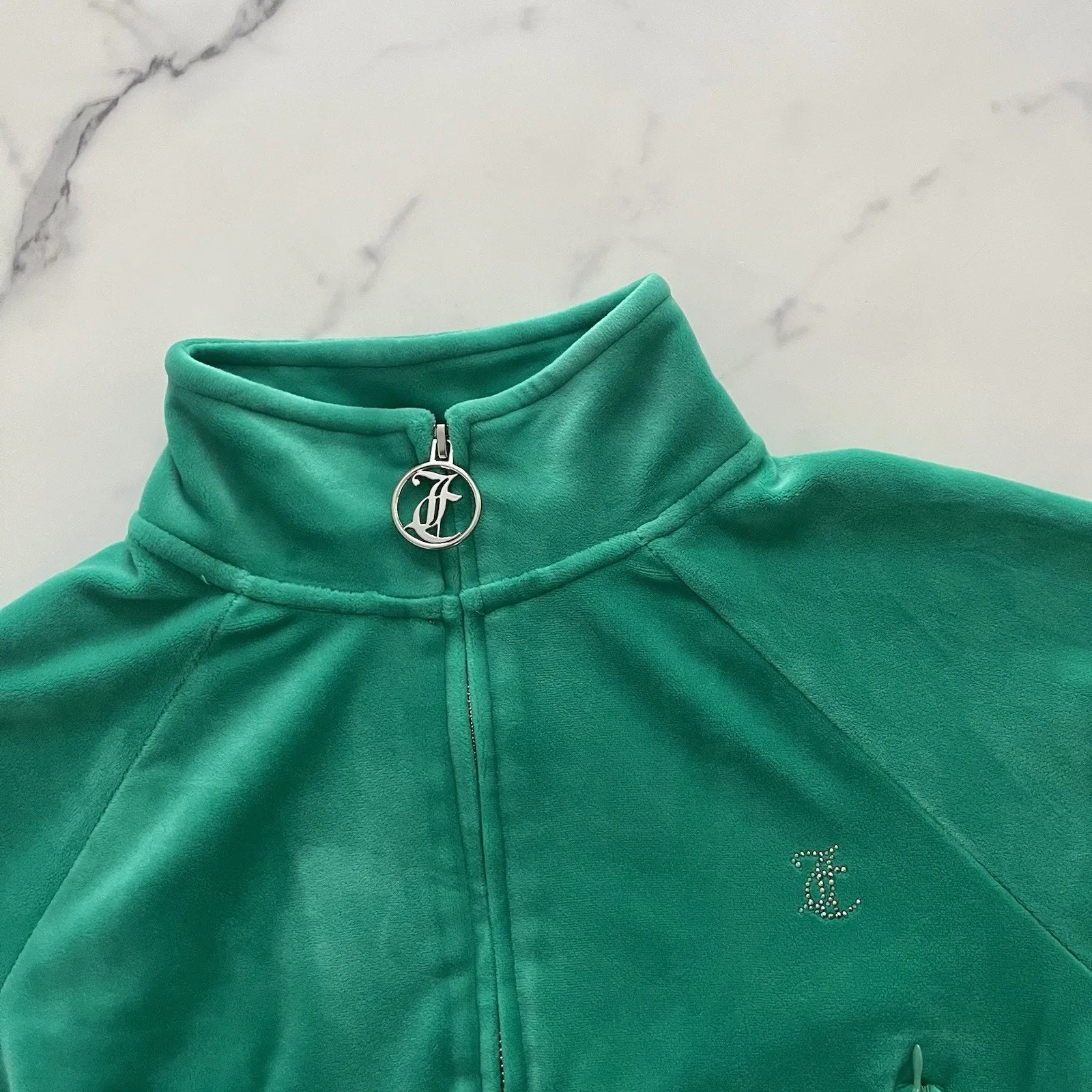 Juicy Couture Big Bling Crop Jacket Velour Green high neck Zip Up Size Small Y2K - Image 5