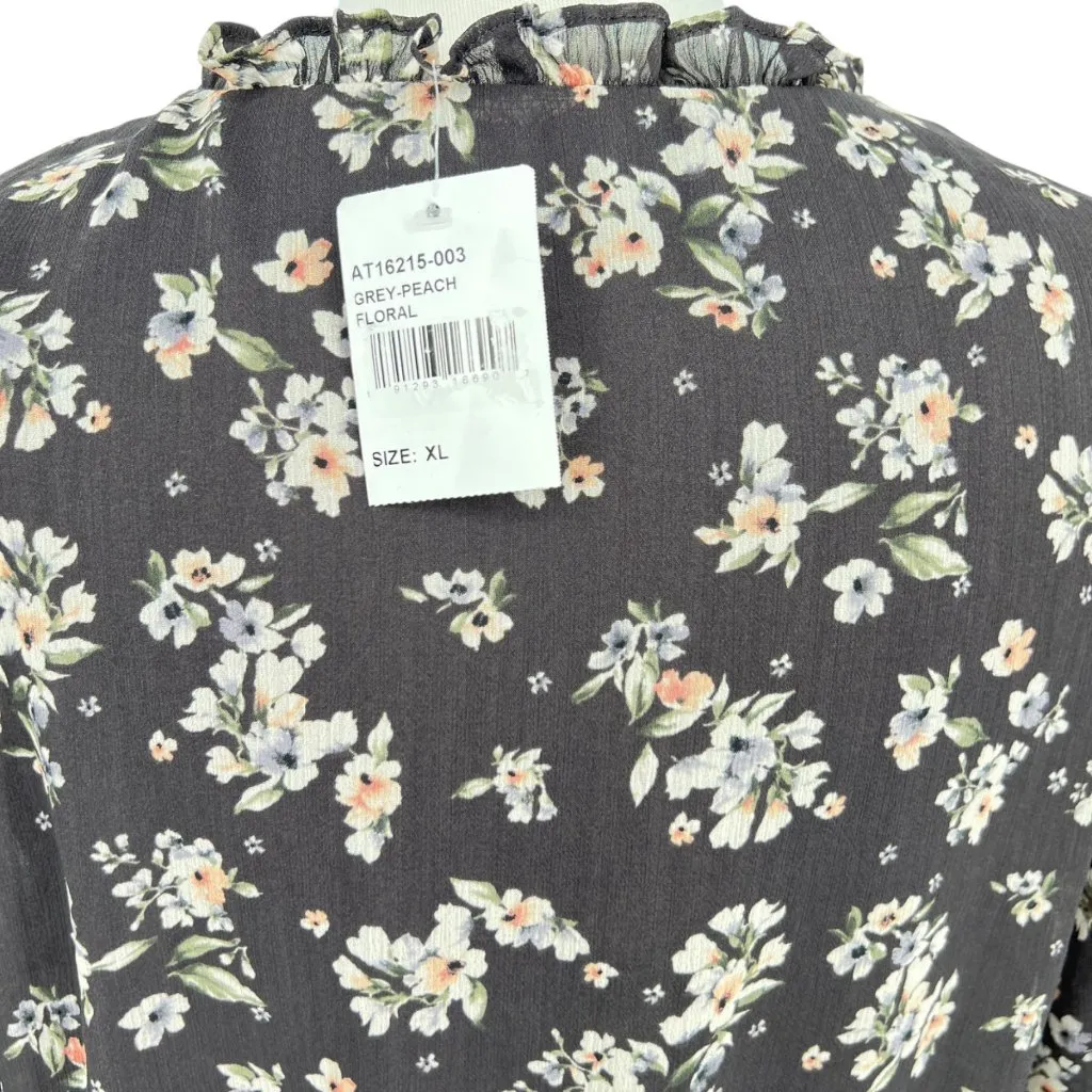 ASTR The Label Floral Ruffle Peplum Blouse Sheer Sleeves V-Neck Gray Size XL NWT - Image 6