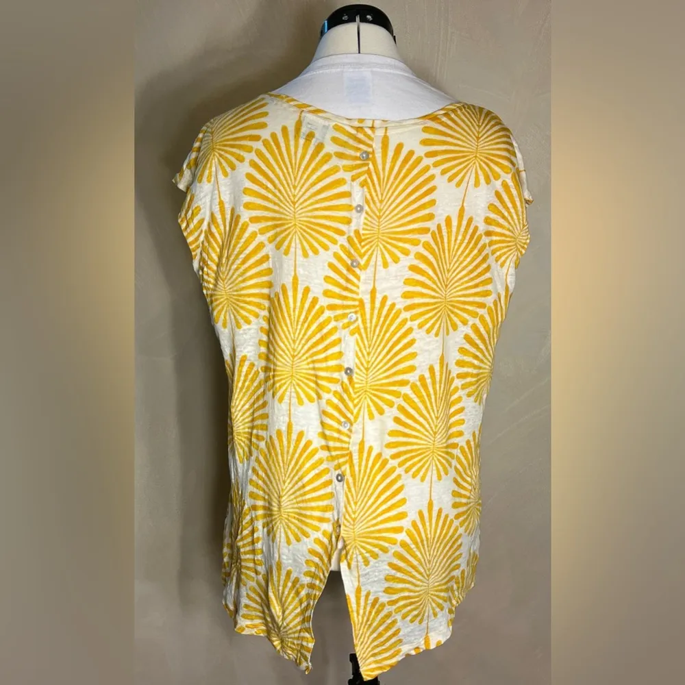 Joie Women’s 100% Linen Mustard Yellow Cap Sleeve Button Back Botanical Top|Sz:L - Image 3