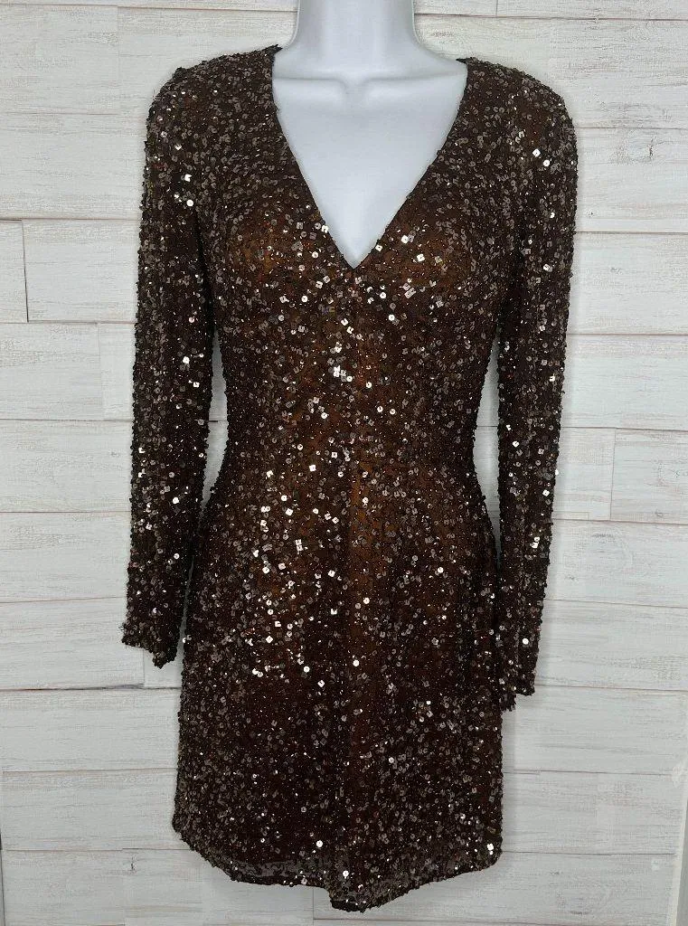 Shail K. Womens Sequin Cocktail Prom Mini Bodycon Dress Long Sleeves Size 2 Brown - Image 2