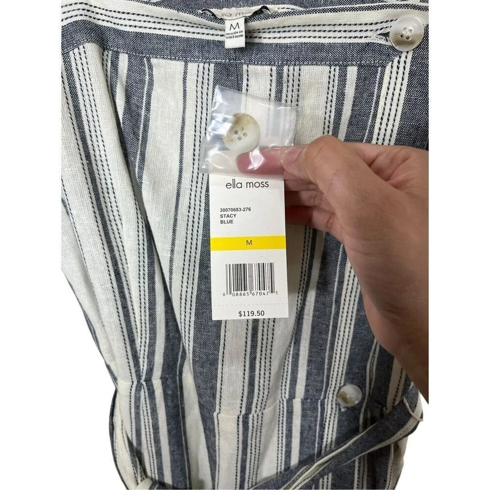 Ella Moss Stacy Linen Blue White Striped Midi Dress‎ Size M - Image 11