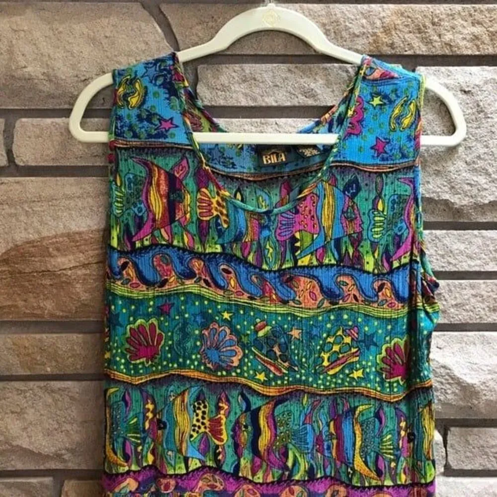 Bila Crinkle Maxi Dress Boho lisa Frank Tropical Fish Hawaii Vtg 90s Seashell L Size L - Image 5