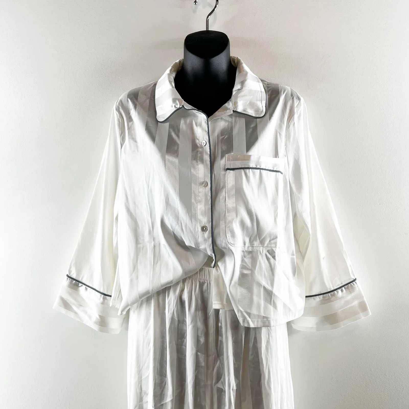 Free People Party Pajama Long Sleeve Satin Wide Leg Matching Set White Large - Image 5