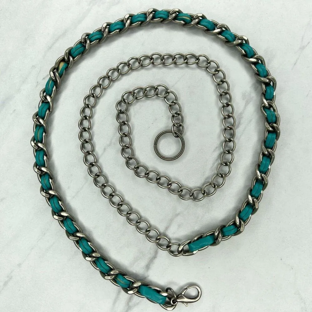 Silver Tone Faux Leather Woven Chain Link Belt Y2K One Size (OS) ✨ - Image 2