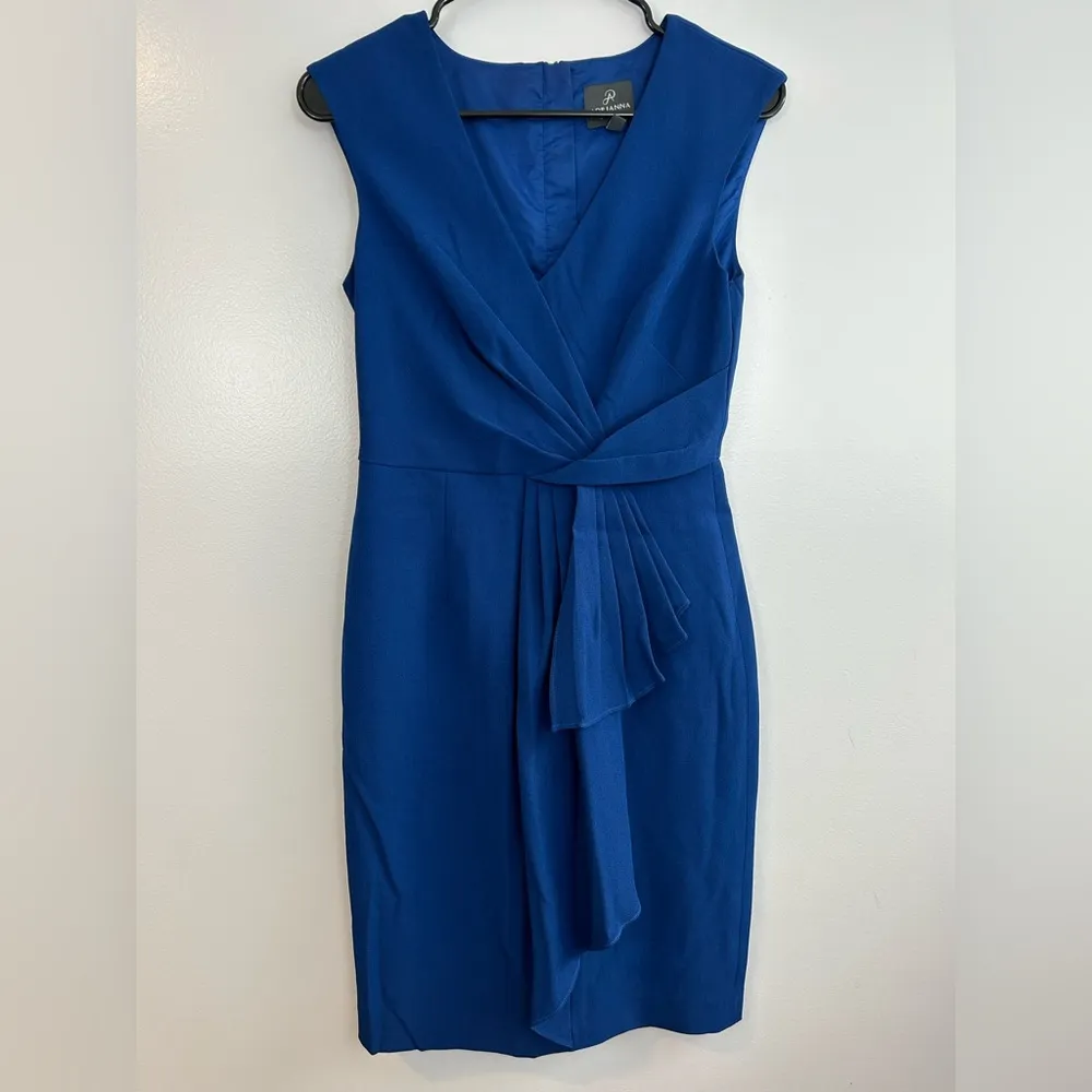 Adrianna Papell Blue Sleeveless V-neck Wrap Pleated Shift Dress Size 2 - Image 2