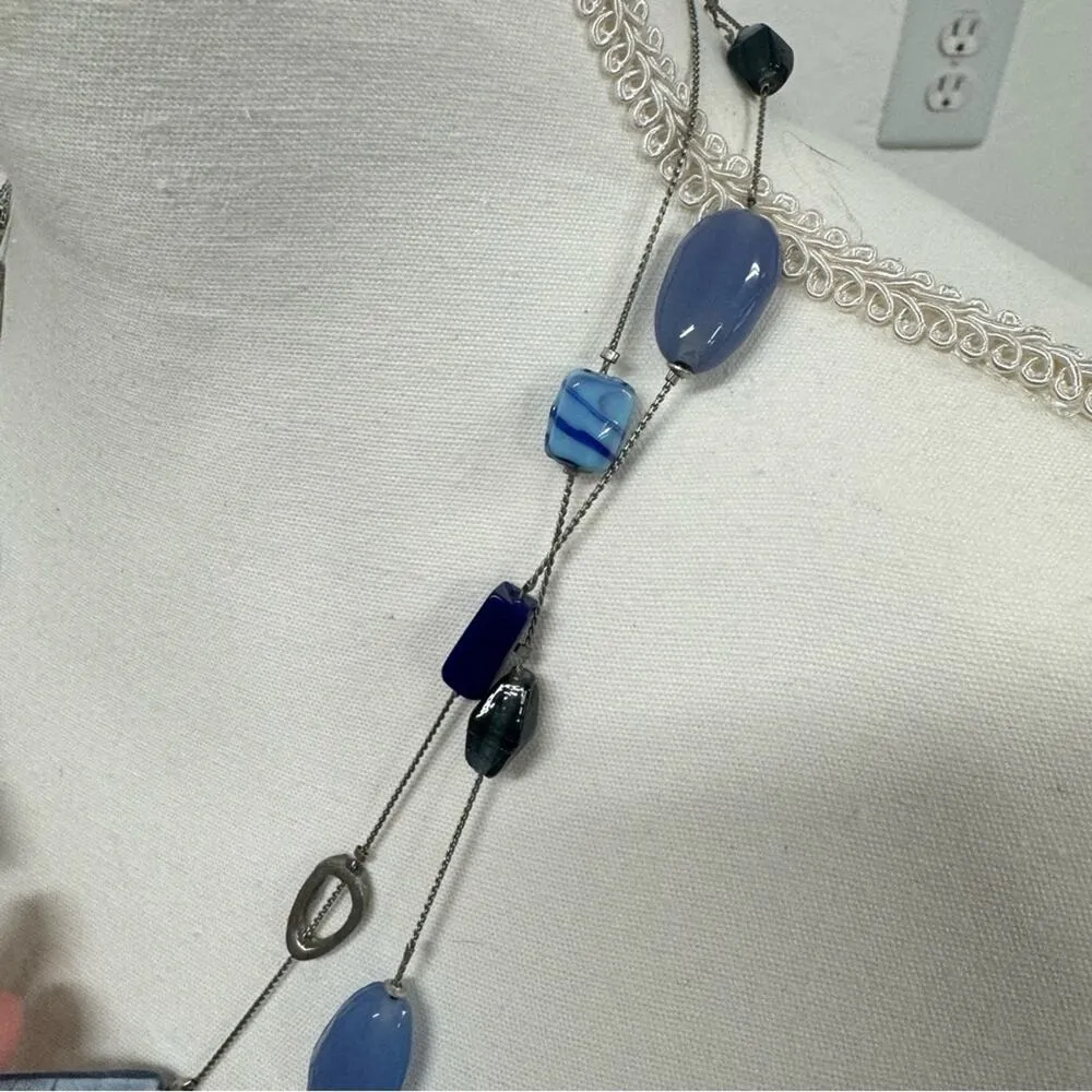 NY Blue Glass Bead & Silver Tone Extra Long Necklace Multi Strand - Image 3