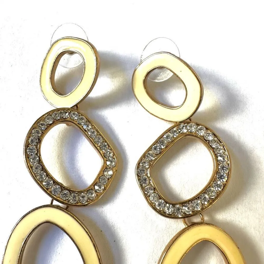 Yellow rhinestone triple tier drop earrings - Image 3