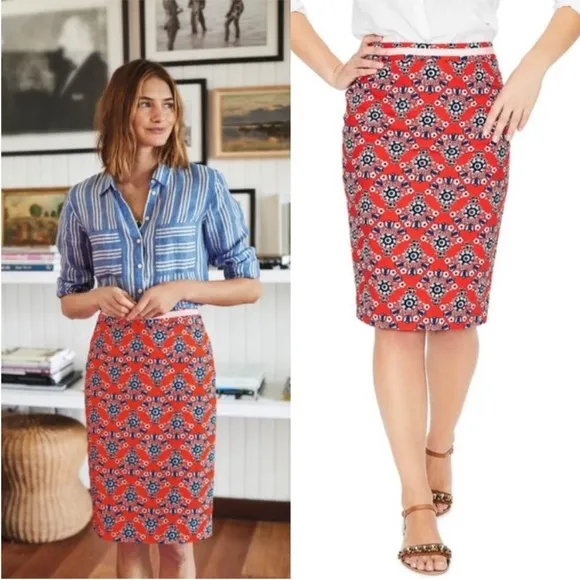 Boden Red Pop Floral Bouquet Modern Pencil Skirt Womens Size 16L 16 Long *FLAWED - Image 2
