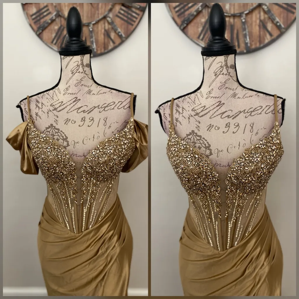 Beaded gold corset prom dress, formal dress, gala gown or pageant evening gown Size 8 - Image 4