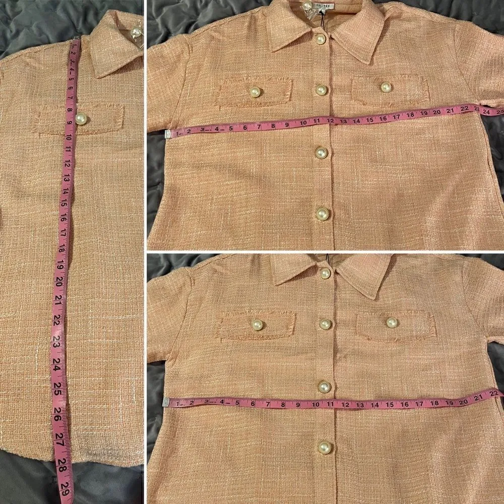 Andree Oversized Pearl Button Down Tweed Shacket Peach M - Image 12
