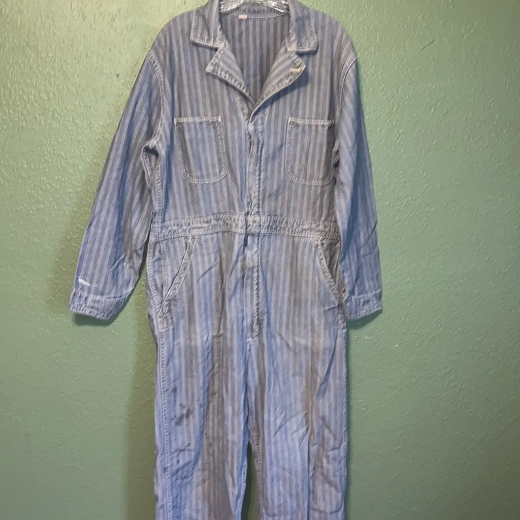 Vintage Denim coveralls vintage striped denim overalls, herringbone denim chore Blue Size XL - Image 4