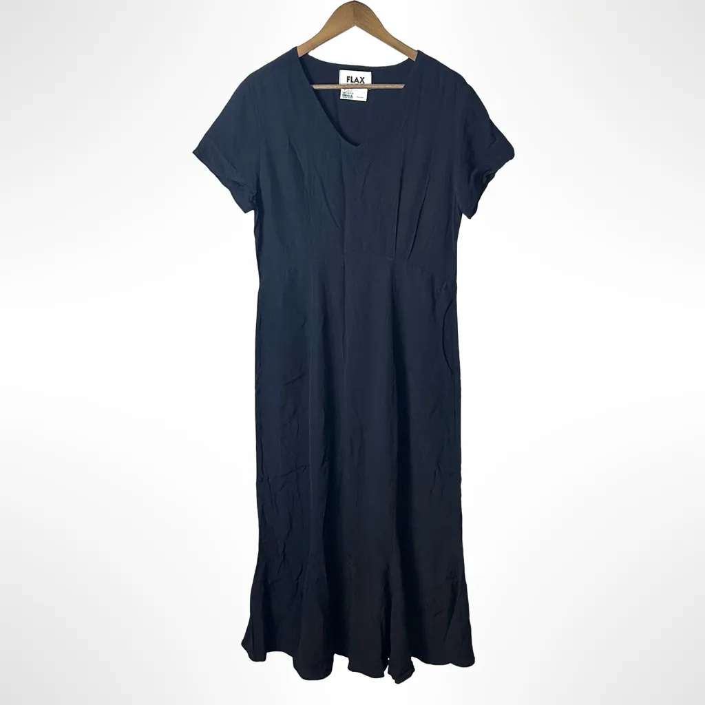 FLAX Minimalist V-Neck Short Sleeve Midi Dress Black Size S Lagenlook Artsy - Image 11