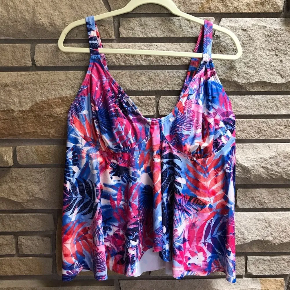 Swimsuits for All Flowy Tankini Swimsuit Top Pink tropical Print size 22 White - Image 6