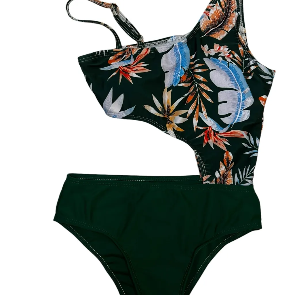 Swimwear One Piece Womens XS Teen Hawaiian Floral Print Green One Shoulder Beach - Image 3