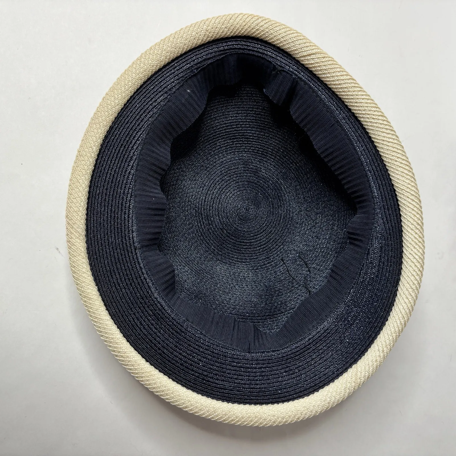 Vintage Womens Navy Blue Straw Hat With Red Ribbon Trim and Lattice Detail - Image 5