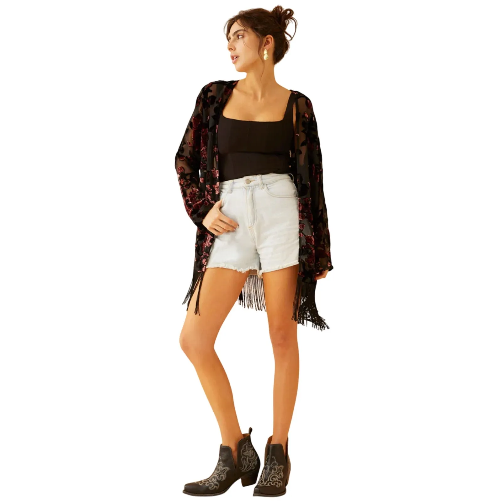 NWT Boho Fringed Burnout Velvet Kimono Jacket by Bohera Medium Brown - Image 2