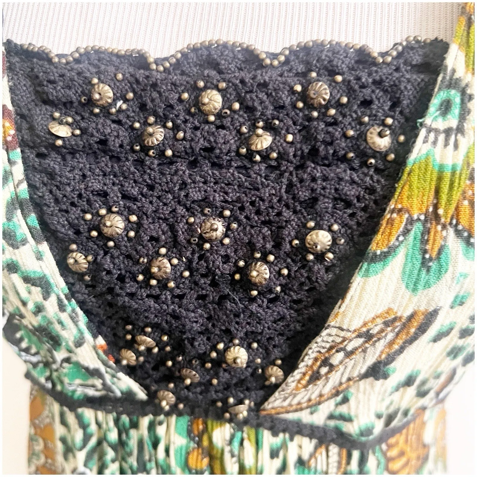 Forbidden Safari Print Dress Midi Size Medium Studded Neckline Tan Black Hippie Brown - Image 12