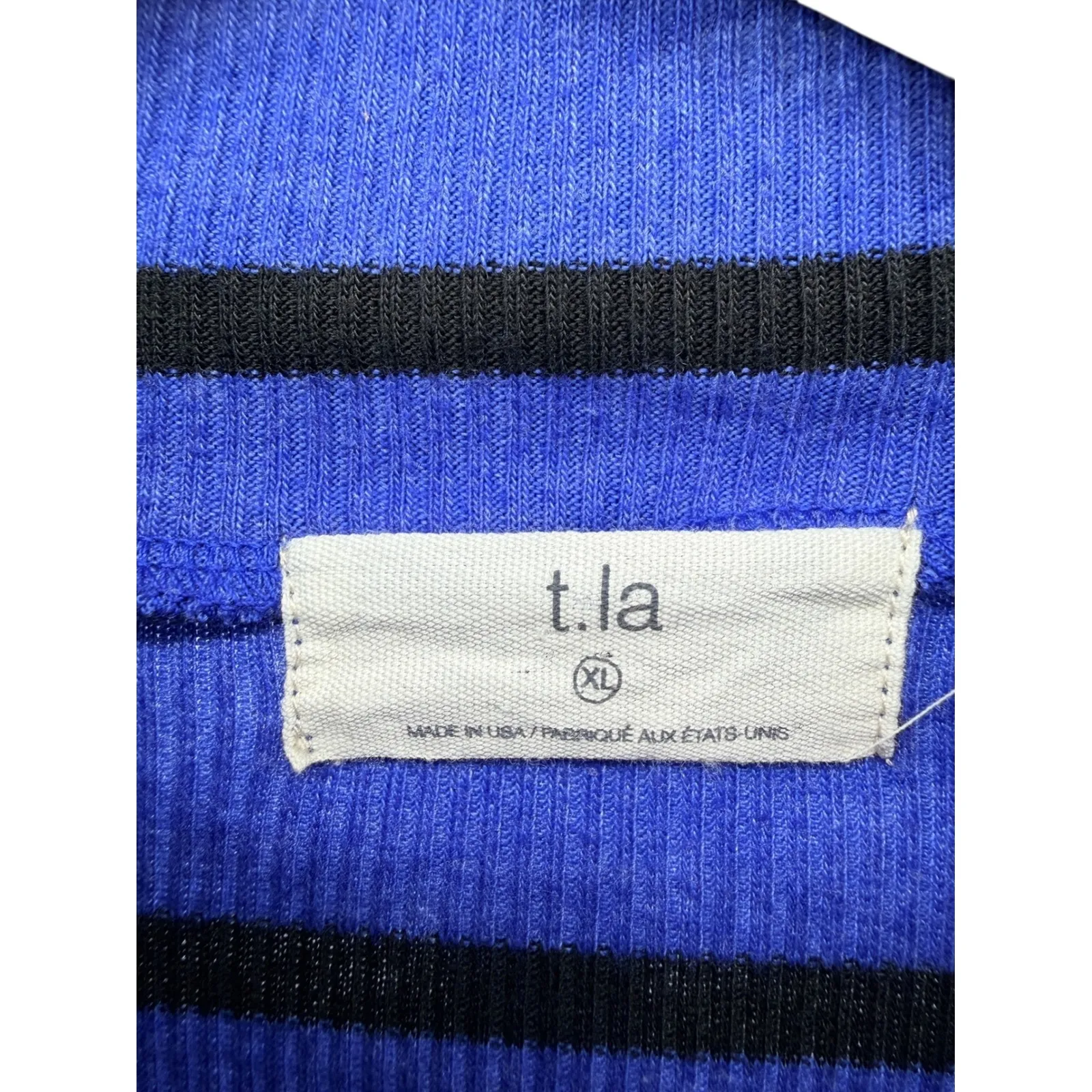 Anthropologie T.La Blue Black Stripe Mock Neck Ruffle Sleeve Knit Top Preppy XL - Image 3