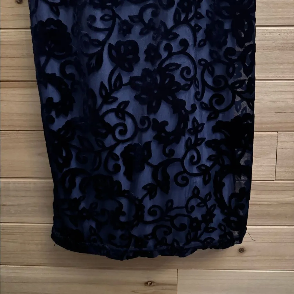 Vintage Steppin Out Sz Small Navy High Neck Crushed Velvet Mesh Filigree Dress Blue - Image 4