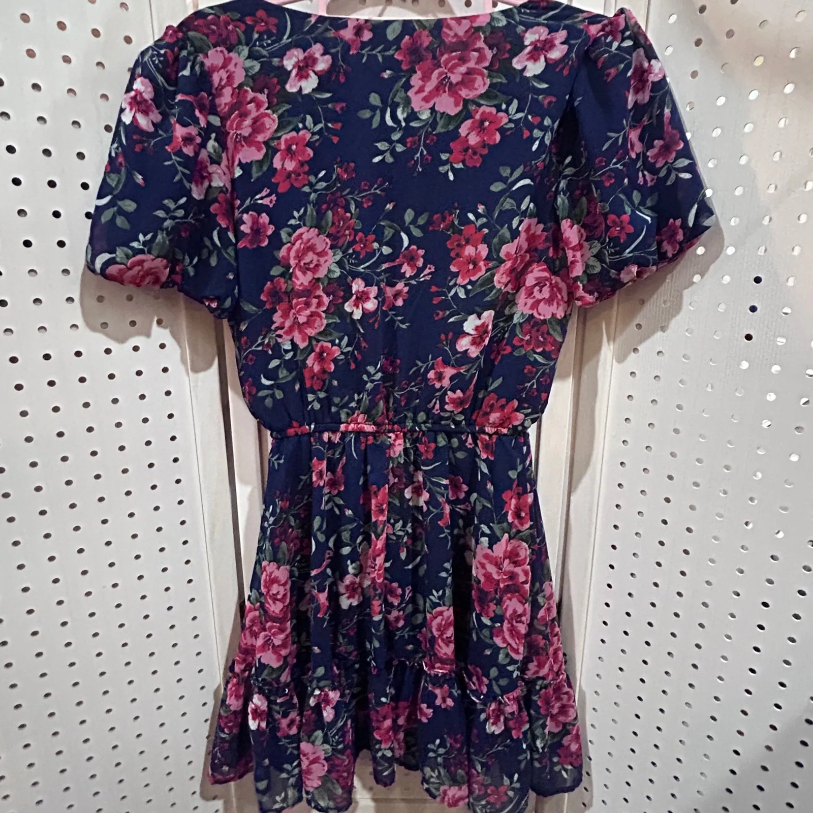 Crystal Doll Navy Floral Short Sleeve V Neck Ruffle Hem Dress Size M - Image 4