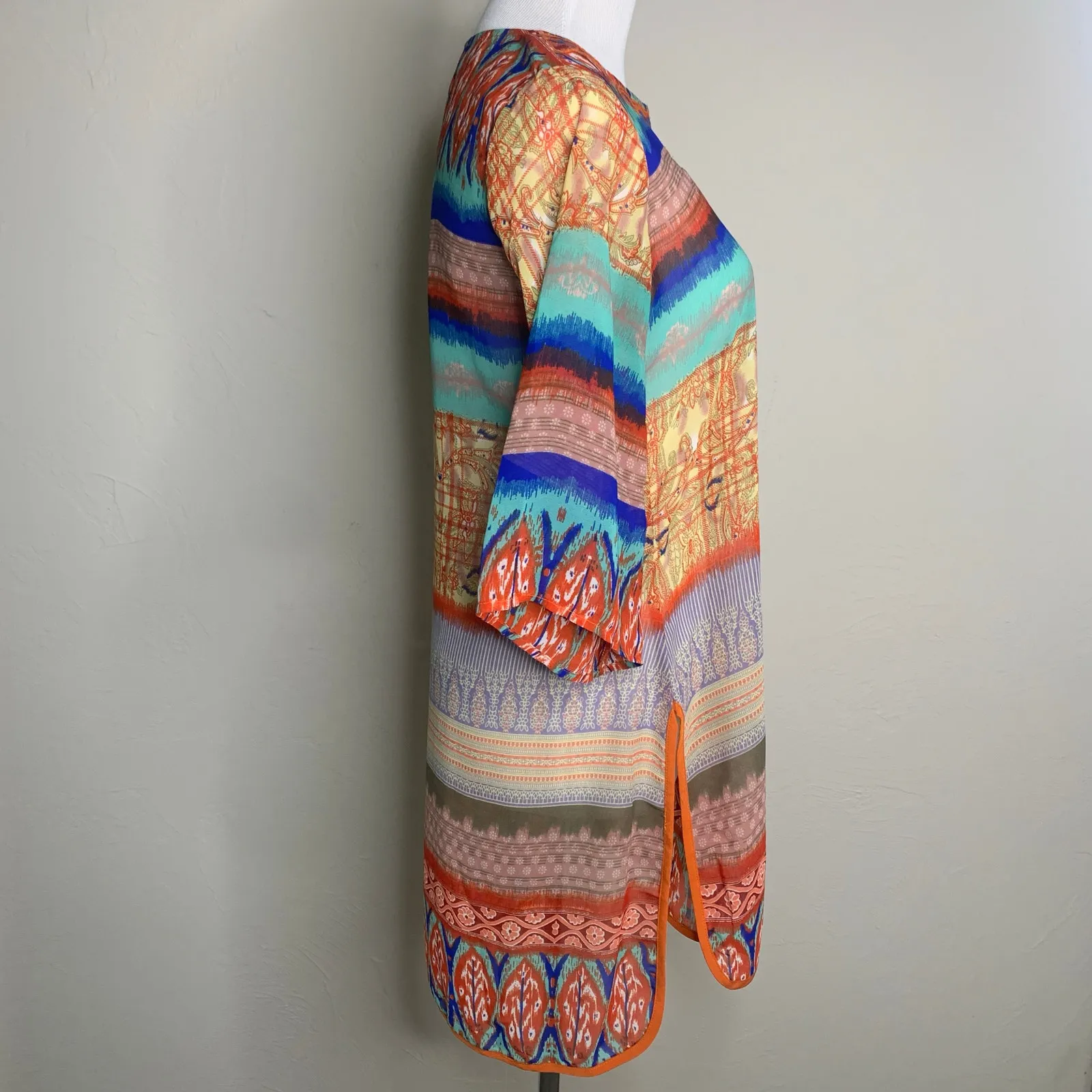 Sheer Bright Tunic Tribal Pattern Embroidered Collar Sz Small Orange - Image 4