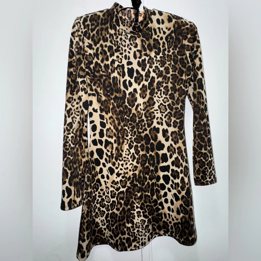 Reformation Women's Sz S Flash Mini Dress Leopard Print Mock Neck Long Sleeve - Image 5