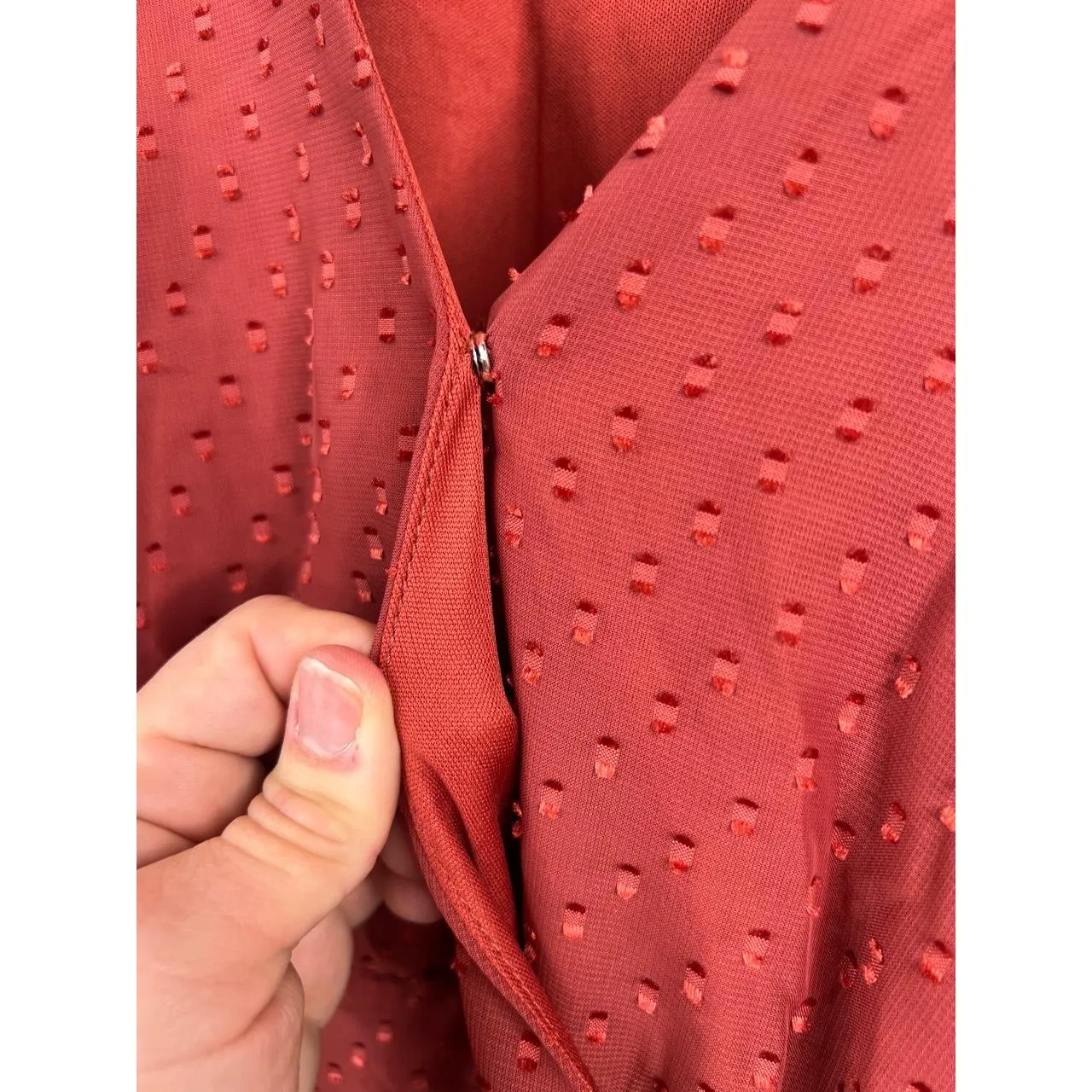 Floret Studios Mini Dress Womens Size S Rust Orange Swiss Dot Ruched Boho V Neck - Image 7