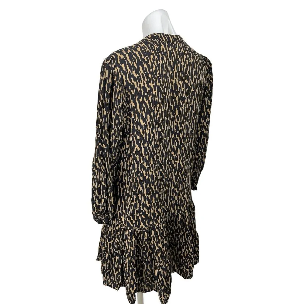 ZARA Black Tan Animal Print V-Neck Balloon Sleeve Flounce Hem Mini Shift Dress M - Image 2
