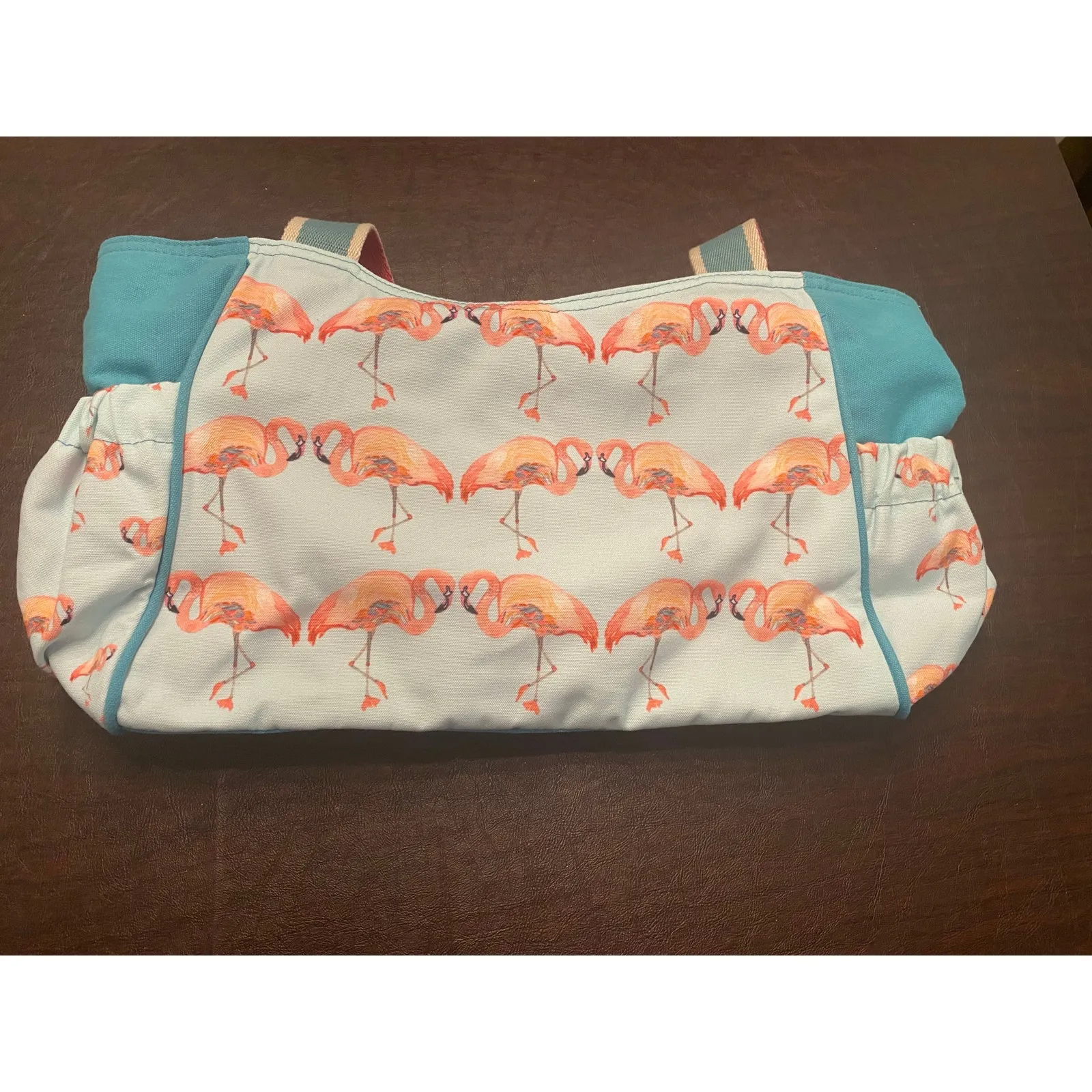 Sun‎ N' Sand Flamingo Large Zip Top Canvas Shoulder Bag Elastic Side Pockets Pink - Image 2