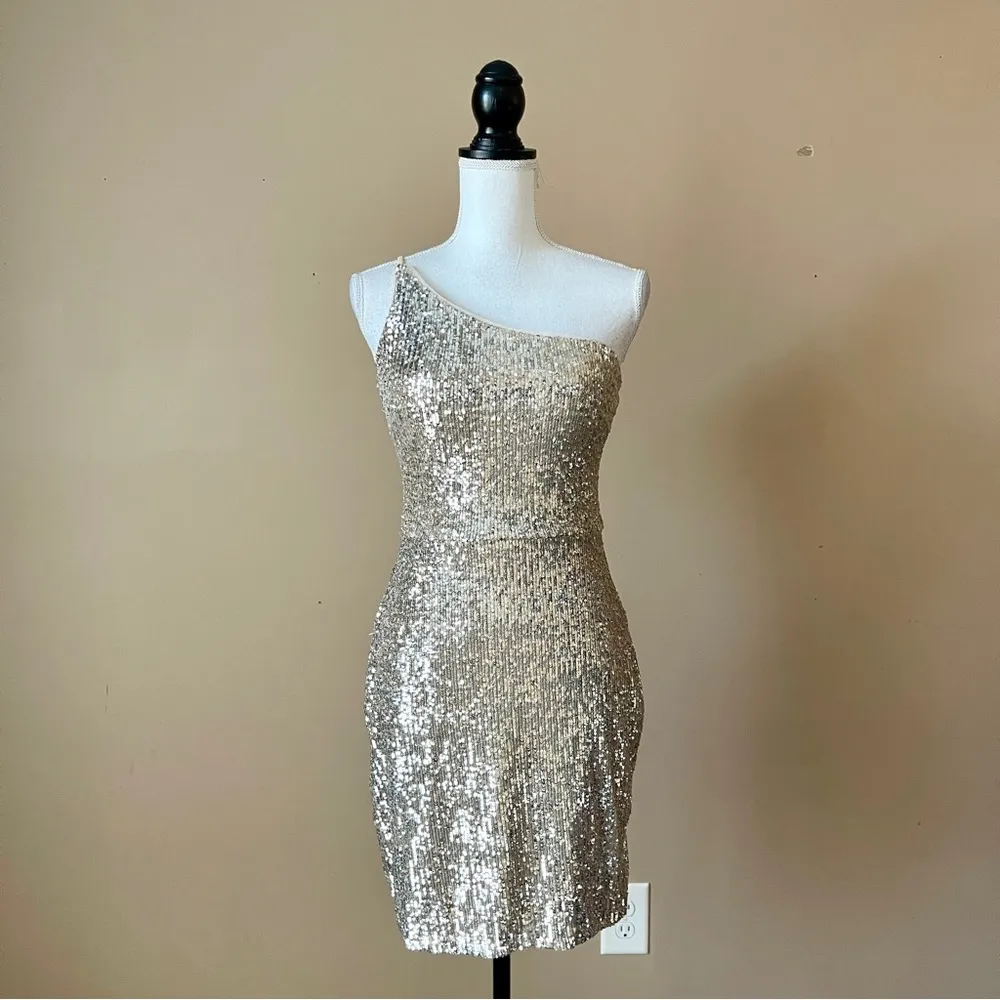 XSCAPE | Gold Metallic Sequin One Shoulder Body Con Cocktail Dress Sz 6 - Image 2