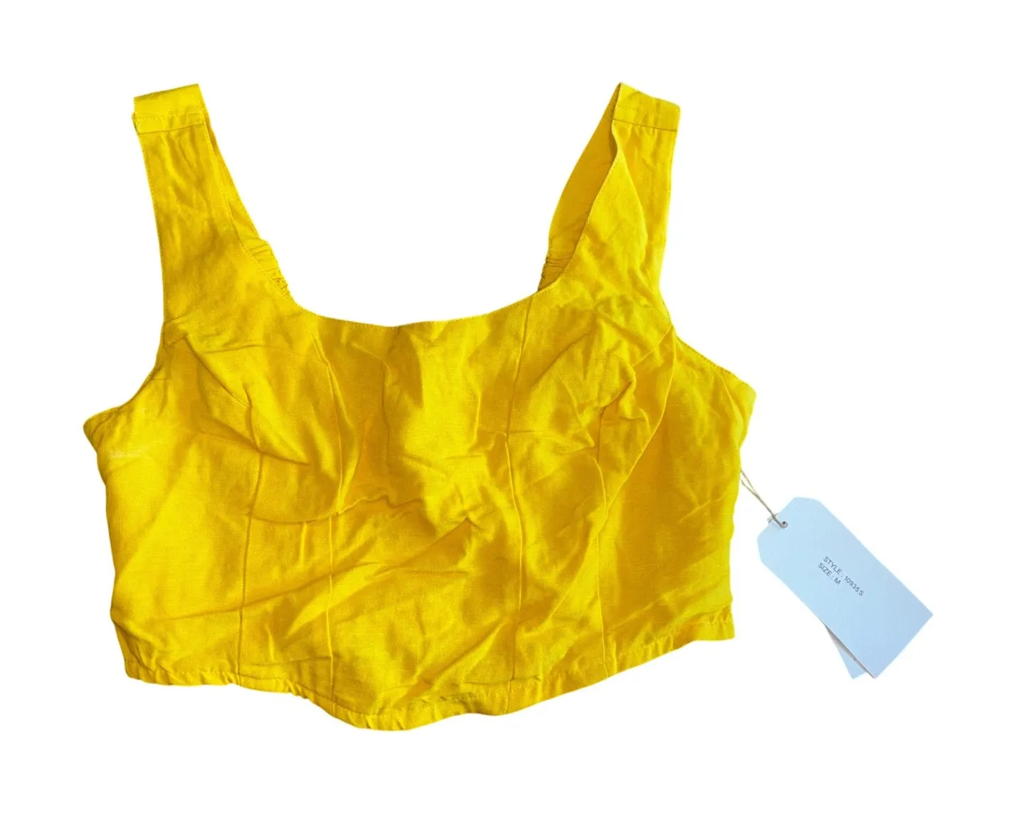 Midnight Sky Crop Top Smocked Back Sleeveless Yellow Linen Blend Size M - Image 1