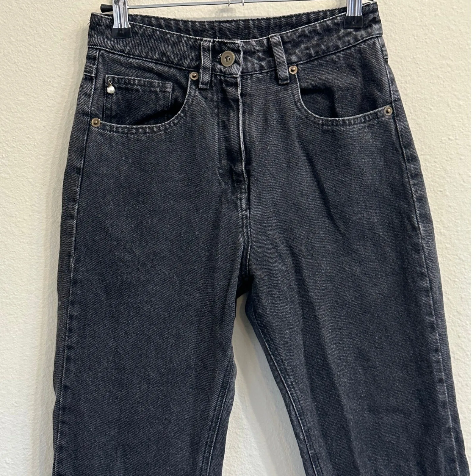 Nanushka Pyramid Cropped Wide Leg Jeans XS Washed Black Frayed Hem Patch‎ Size 24 - Image 6
