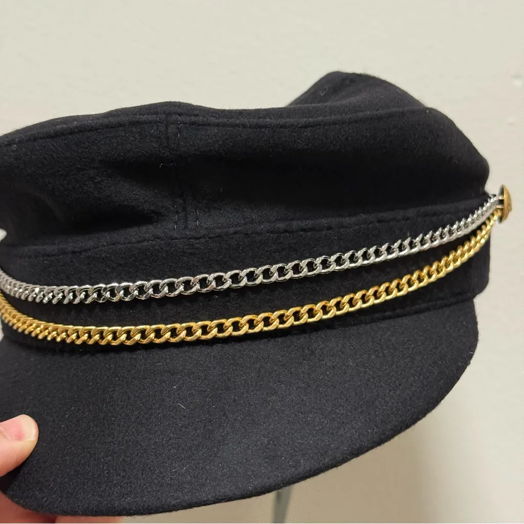 Zadig & Voltaire black chain mixed metal charm newsboy cap baker boy hat wool - Image 8