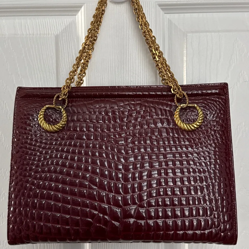 Vtg Don Lester burgundy lizard-embossed pattern gold chain double handle bag - Image 4