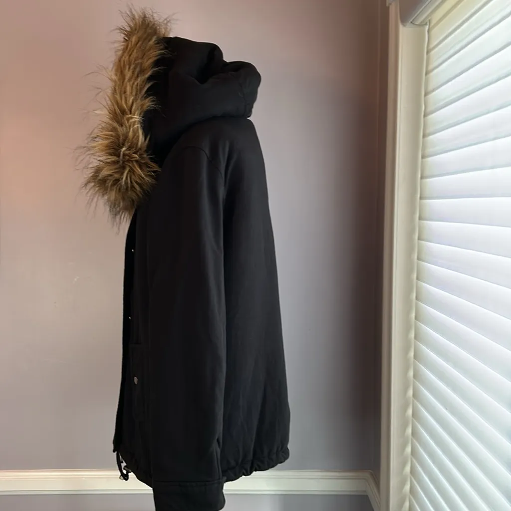 INC black jersey knit hooded jacket sherpa lined removable faux fur collar Size M - Image 3