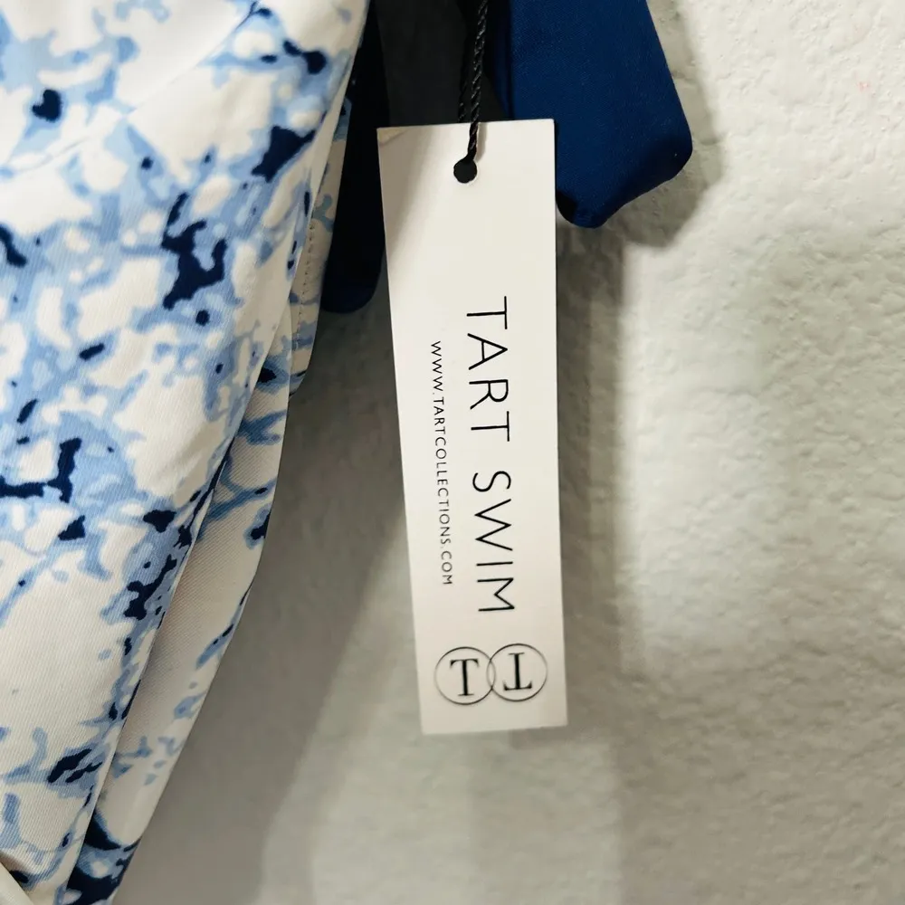 NEW Tart Swim Blue Marbled Print Halter Plunge One Piece Swimsuit Size Medium - Image 3