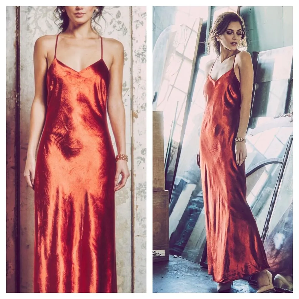 Mestiza New York Mara Red Rust Velvet Slip Open Back Cross Strap Gown Medium - Image 3