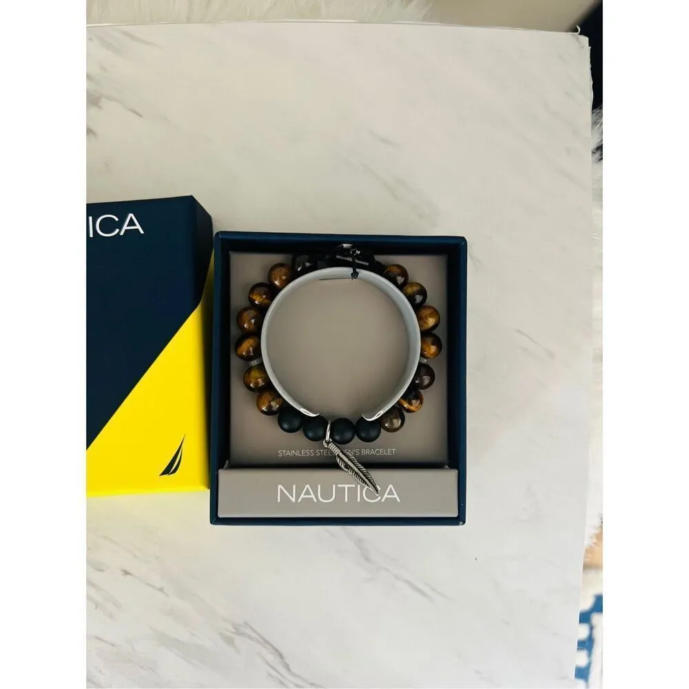 NAUTICA Tiger Eye Beaded Feather‎ Charm Bracelet, Uni Sex, Brown/Black, NWT - Image 15