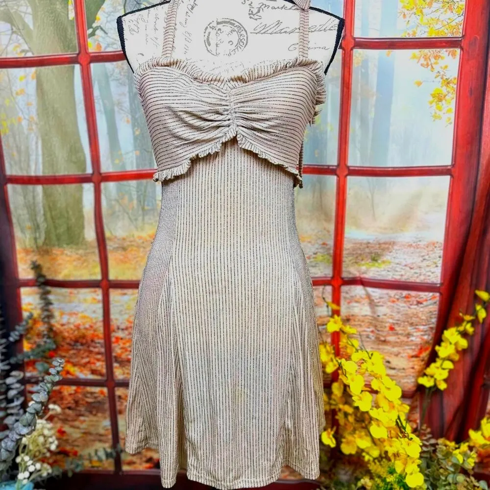 Free People Metallic Thread Mini Dress Beige/Gold thread  M - Image 3