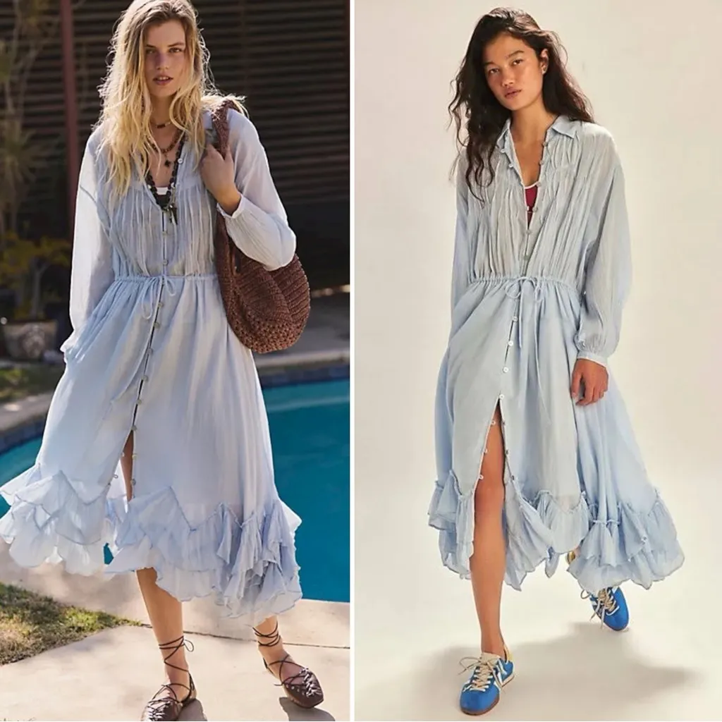 Free People Ethereal Dainty Bohemian Sea La Vie Midi Maxi Dress Duster Blue Med - Image 2