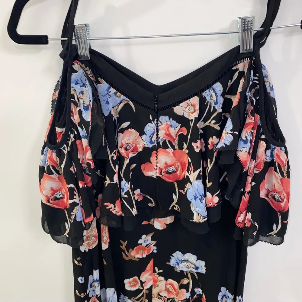 WHBM Black Red Blue Gold Floral Cold-Shoulder Metallic Embroidered Maxi Dress 6 - Image 8