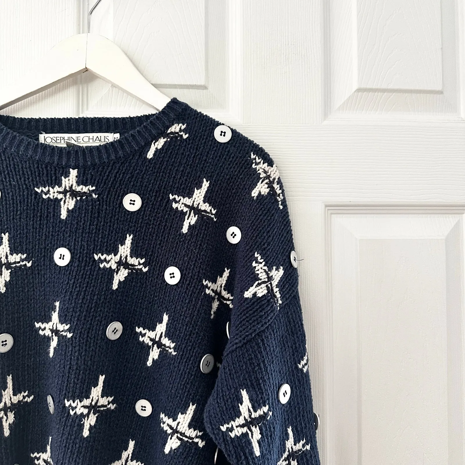 Josephine Chaus Vintage Navy Blue Starburst Button Handknit Sweater Korea Medium - Image 4