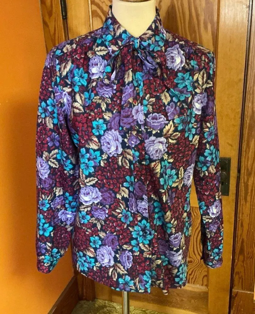 Vtg 70s Bright Floral Blouse Blue Size M - Image 4