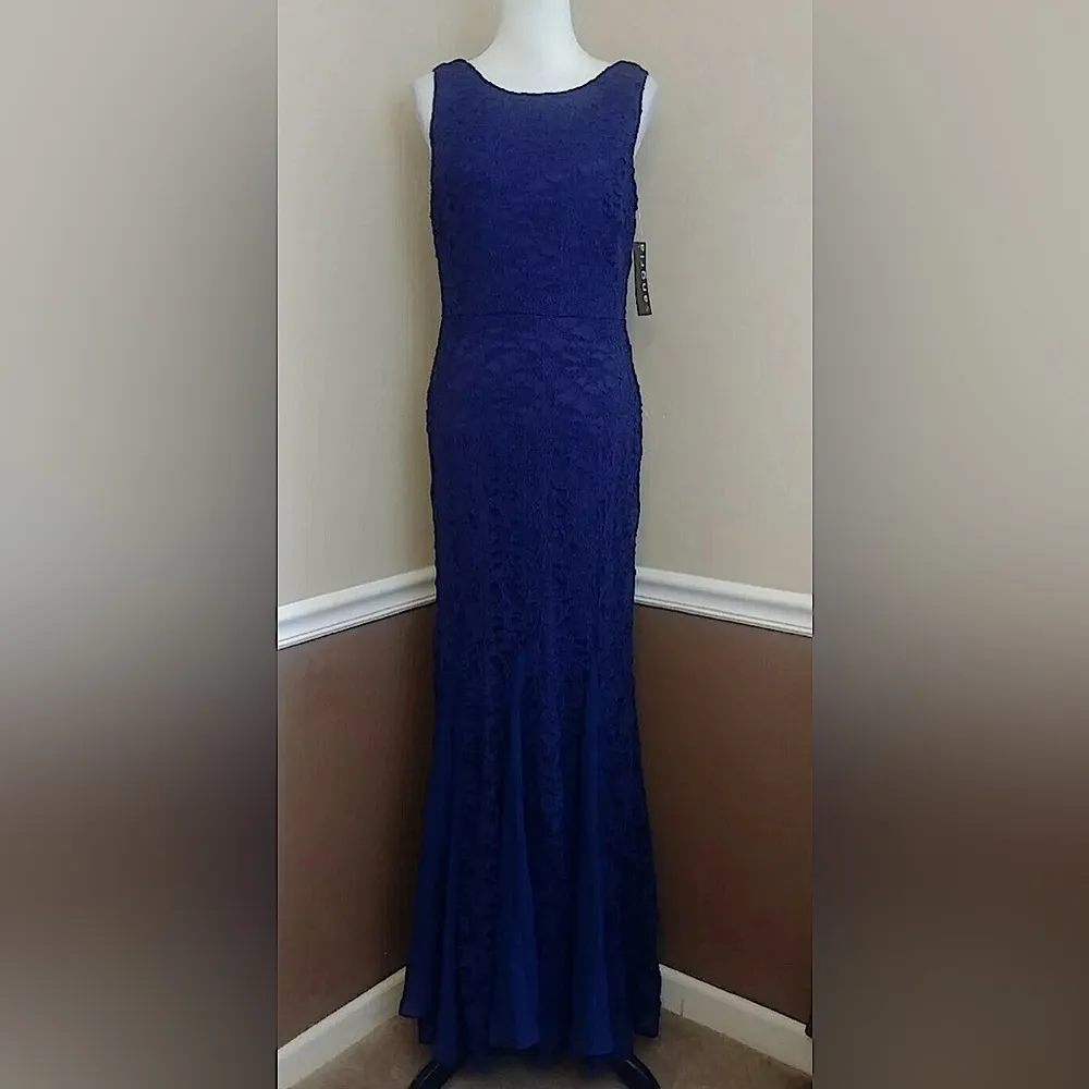 Navy Blue Lace Mermaid Godet Hem Maxi Dress Formal Gown by - Image 2